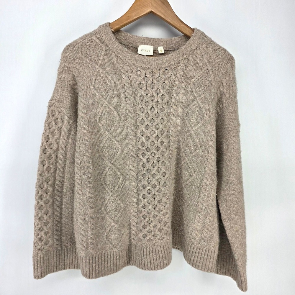 Cyrus Cable Knit Sweater Womens S Tan Beige Crew Neck Wool Blend CV172503 Cozy